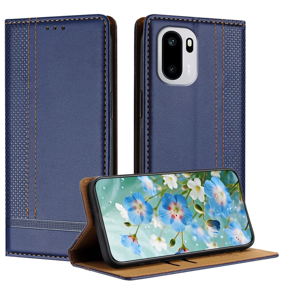 For OnePlus 15R 5G / Ace 6T 5G / Ace 6 5G Case L-Shaped Grid Pattern Leather Stand Phone Cover with Card Slots - Blue - 1