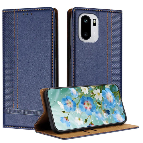 For OnePlus 15R 5G / Ace 6T 5G / Ace 6 5G Case L-Shaped Grid Pattern Leather Stand Phone Cover with Card Slots - Blue - 1