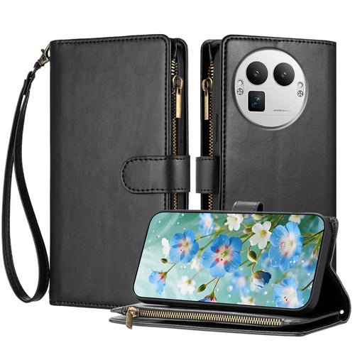 For Realme GT 8 Pro 5G Leather Case Zipper Wallet Stand Shockproof Phone Cover with Wrist Strap - Black - 1