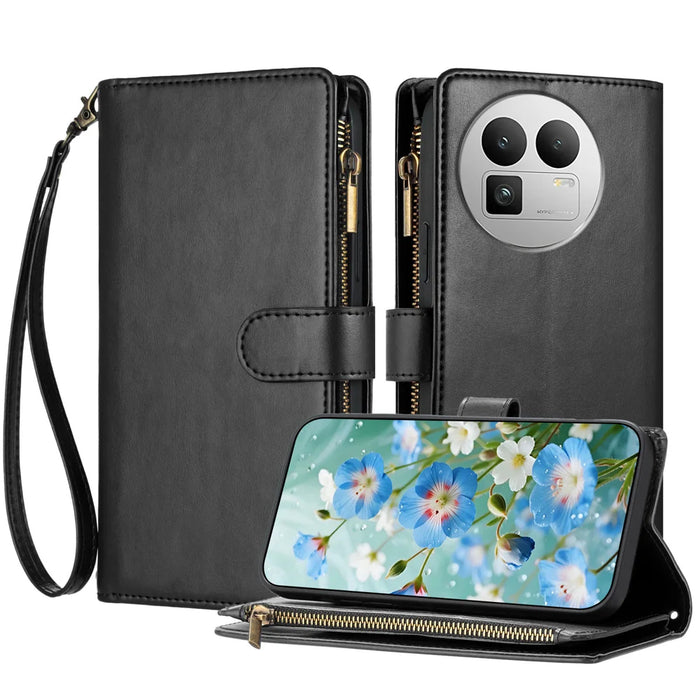 For Realme GT 8 5G Leather Case Zipper Wallet Stand Shockproof Phone Cover with Wrist Strap - Black - 1