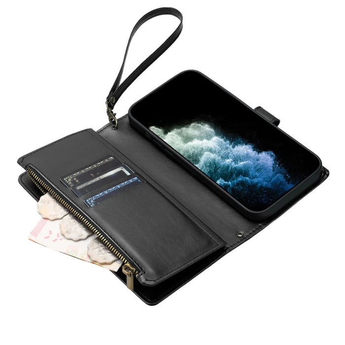For Realme GT 8 5G Leather Case Zipper Wallet Stand Shockproof Phone Cover with Wrist Strap - Black - 5
