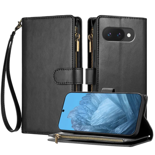 For Google Pixel 9a Leather Case Zipper Wallet Stand Shockproof Phone Cover with Wrist Strap - Black - 1