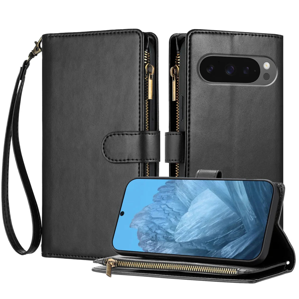 For Google Pixel 9 Pro XL / Google Pixel 10 Pro XL Leather Case Zipper Wallet Stand Shockproof Phone Cover with Wrist Strap - Black - 1