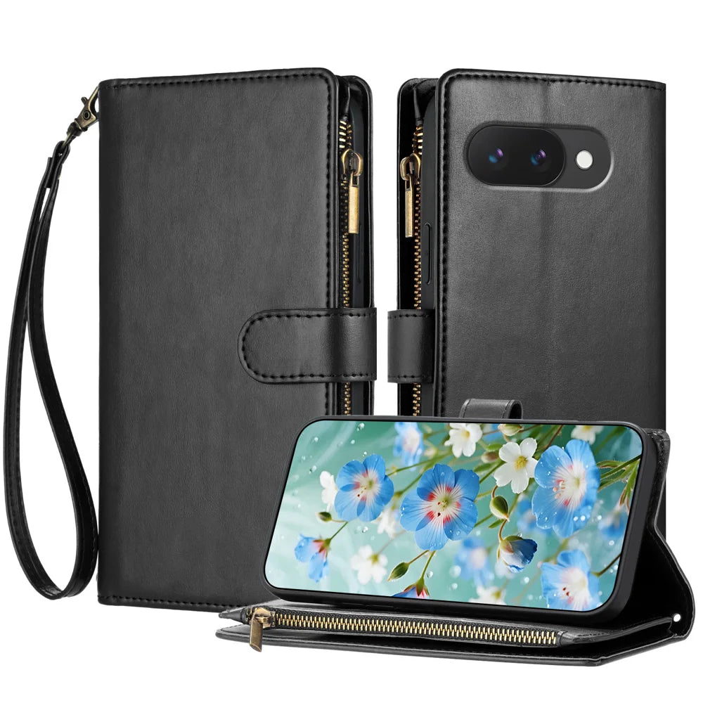 For Google Pixel 10a Leather Case Zipper Wallet Stand Shockproof Phone Cover with Wrist Strap - Black - 1