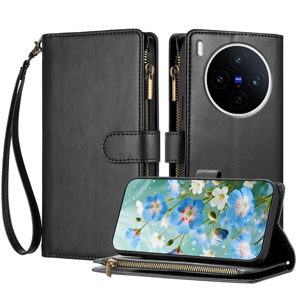 For vivo X300 Pro 5G Leather Case Zipper Wallet Stand Shockproof Phone Cover with Wrist Strap - Black - 1