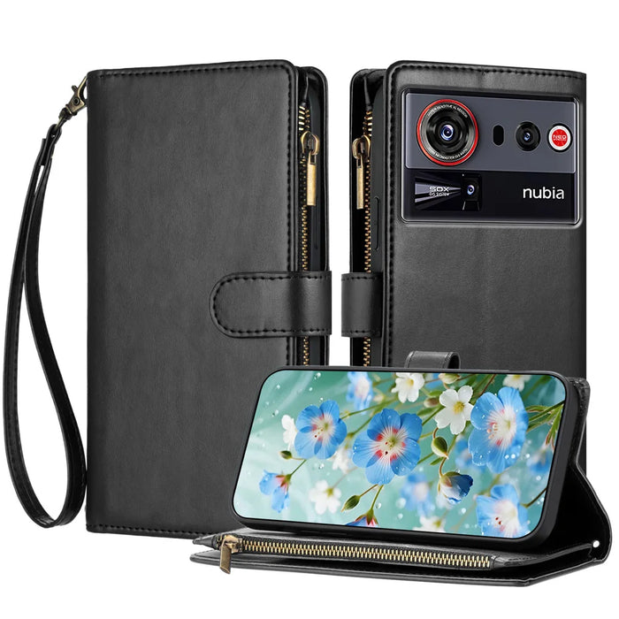 For ZTE nubia Z80 Ultra 5G Leather Case Zipper Wallet Stand Shockproof Phone Cover with Wrist Strap - Black - 1
