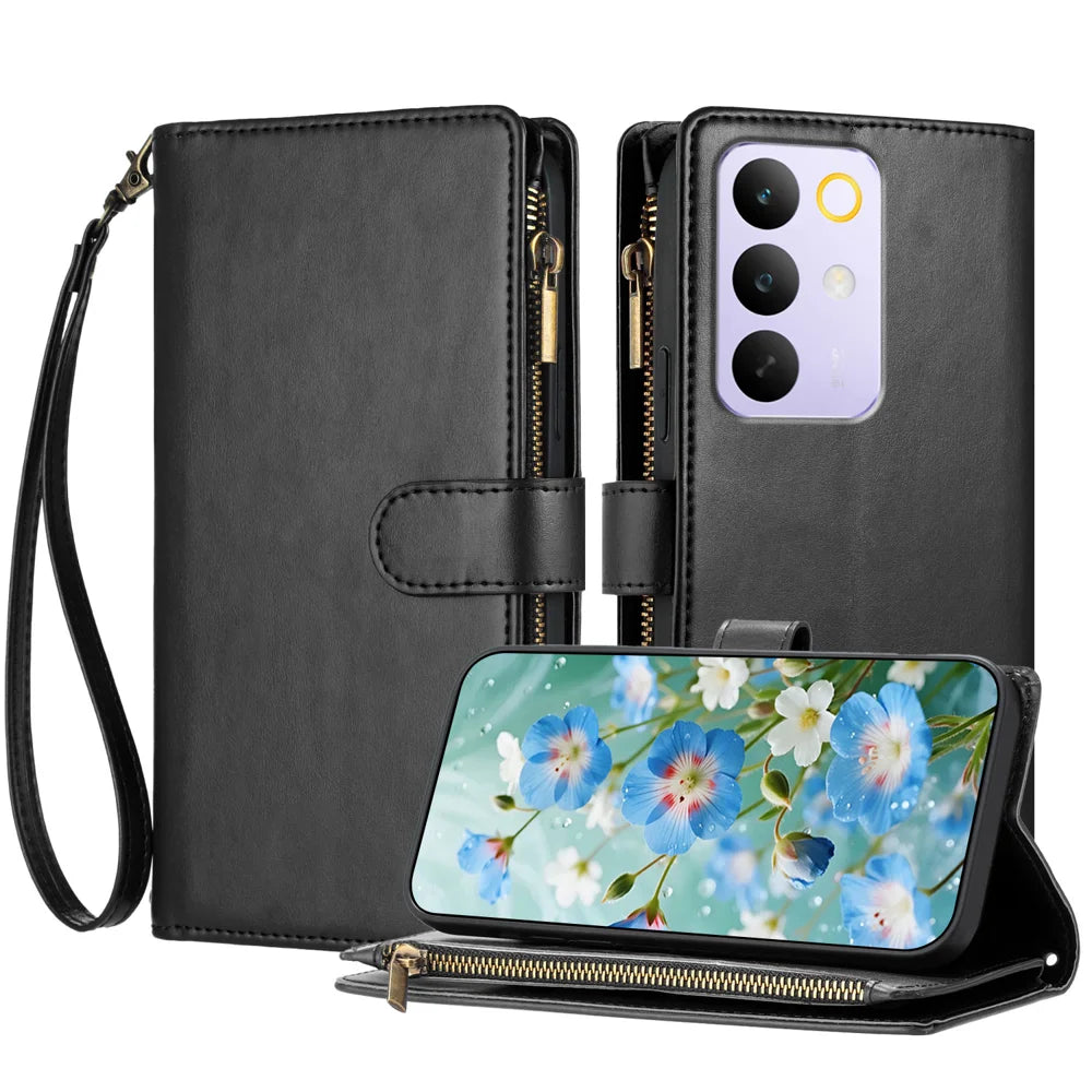 For Realme C85 5G Leather Case Zipper Wallet Stand Shockproof Phone Cover with Wrist Strap - Black - 1