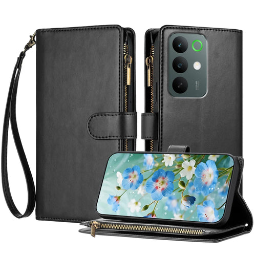 For Realme C85 Pro 4G Leather Case Zipper Wallet Stand Shockproof Phone Cover with Wrist Strap - Black - 1