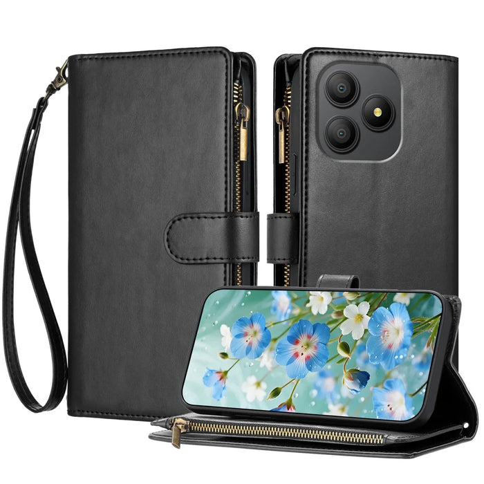 For Blackview Wave 9C Leather Case Zipper Wallet Stand Shockproof Phone Cover with Wrist Strap - Black - 1