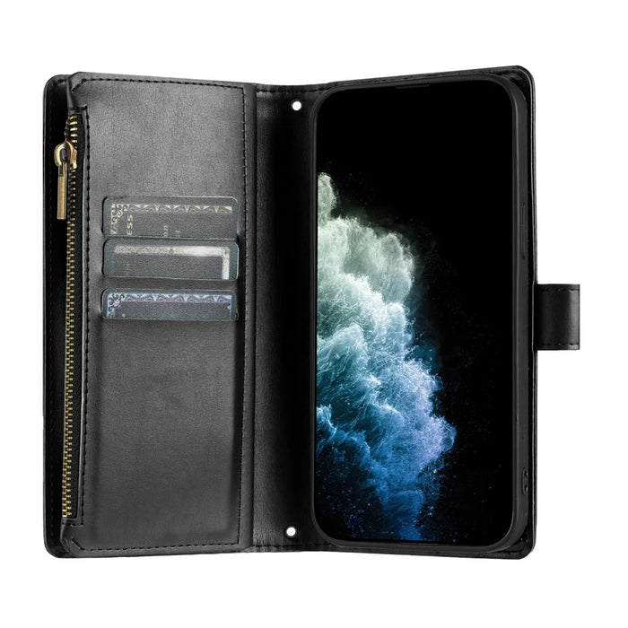 For Blackview Wave 9C Leather Case Zipper Wallet Stand Shockproof Phone Cover with Wrist Strap - Black - 3