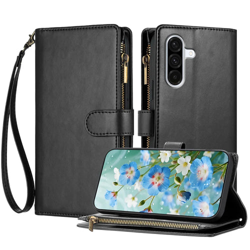 For Samsung Galaxy A57 5G Leather Case Zipper Wallet Stand Shockproof Phone Cover with Wrist Strap - Black - 1