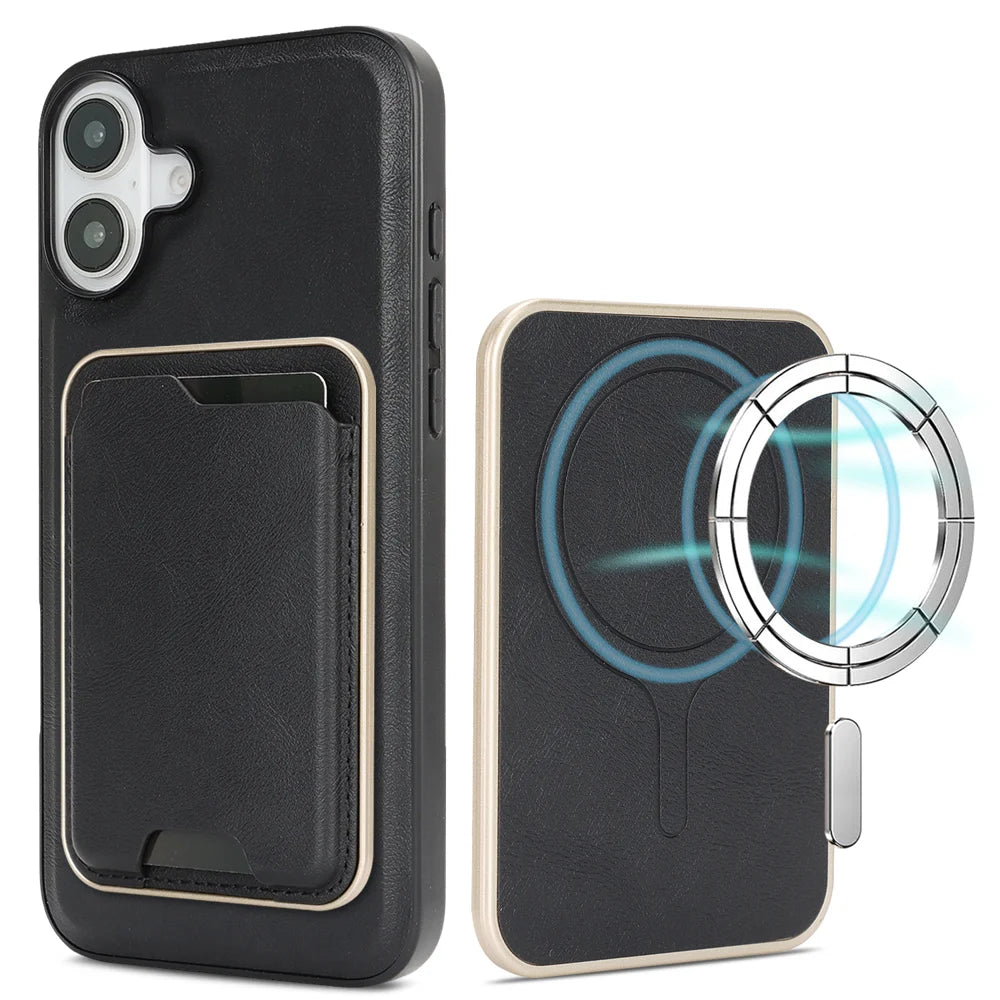 For iPhone 16 Case Compatible with MagSafe Ultra Thin Card Holder PU Leather Coated TPU Cover - Black - 1