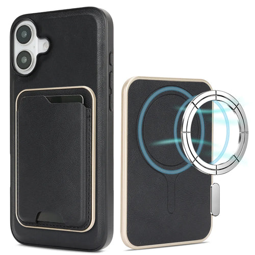 For iPhone 16 Case Compatible with MagSafe Ultra Thin Card Holder PU Leather Coated TPU Cover - Black - 1