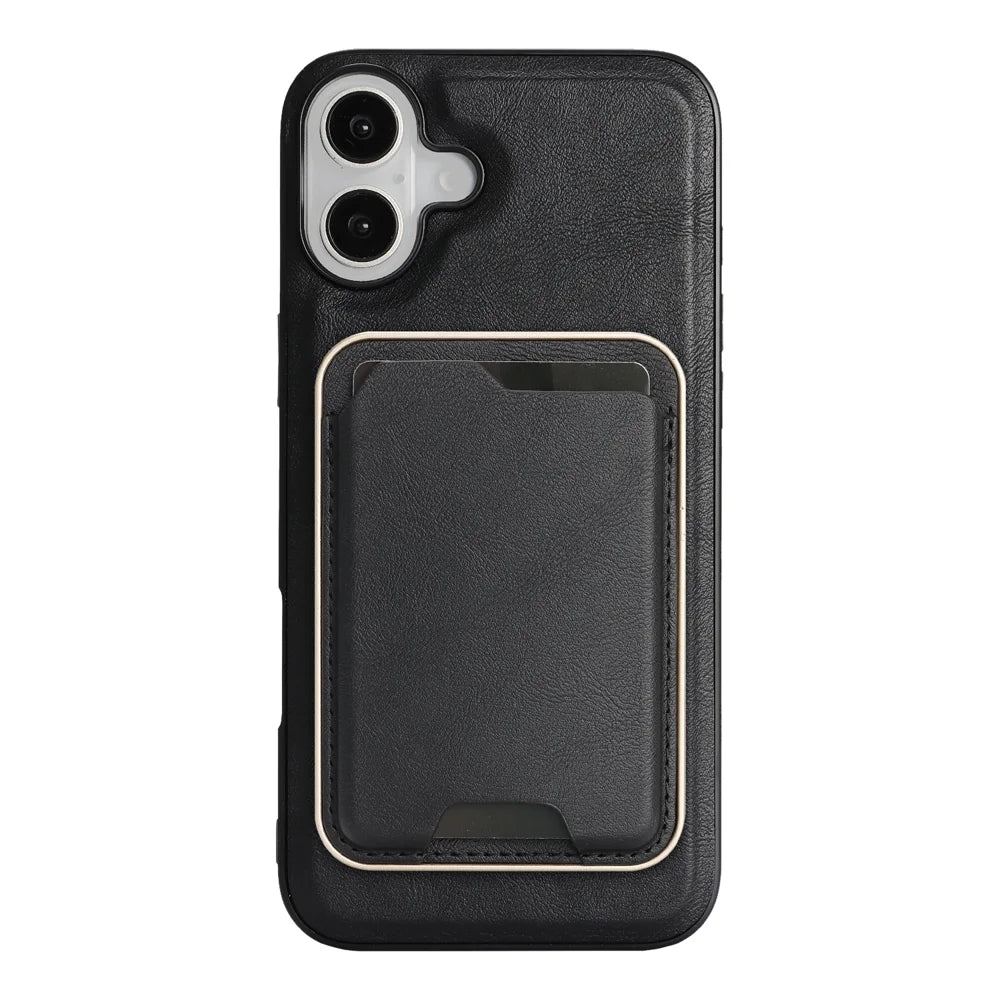 For iPhone 16 Case Compatible with MagSafe Ultra Thin Card Holder PU Leather Coated TPU Cover - Black - 2