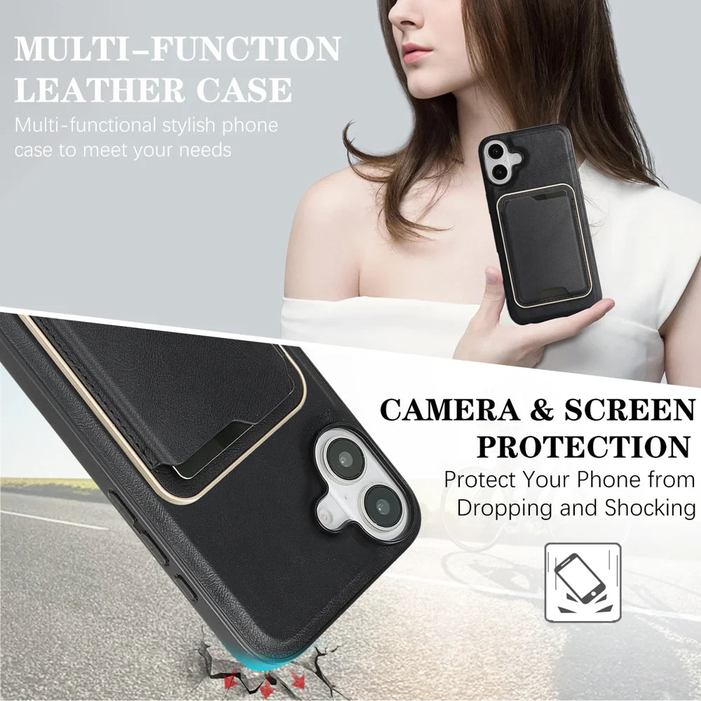 For iPhone 16 Case Compatible with MagSafe Ultra Thin Card Holder PU Leather Coated TPU Cover - Black - 5