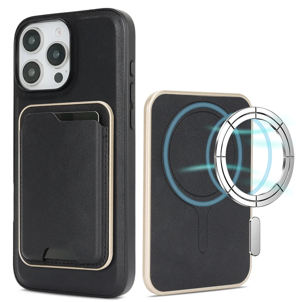 For iPhone 15 Pro Max Case Compatible with MagSafe Ultra Thin Card Holder PU Leather Coated TPU Cover - Black - 1