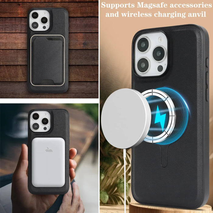 For iPhone 15 Pro Max Case Compatible with MagSafe Ultra Thin Card Holder PU Leather Coated TPU Cover - Black - 7