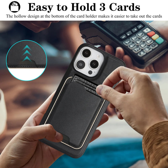 For iPhone 13 Pro Case Compatible with MagSafe Ultra Thin Card Holder PU Leather Coated TPU Cover - Black - 4
