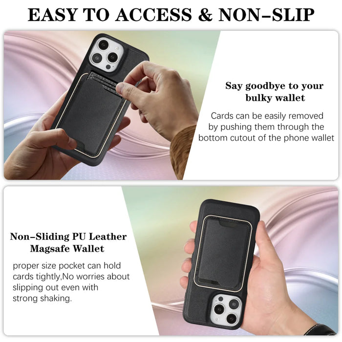 For iPhone 13 Pro Case Compatible with MagSafe Ultra Thin Card Holder PU Leather Coated TPU Cover - Black - 6