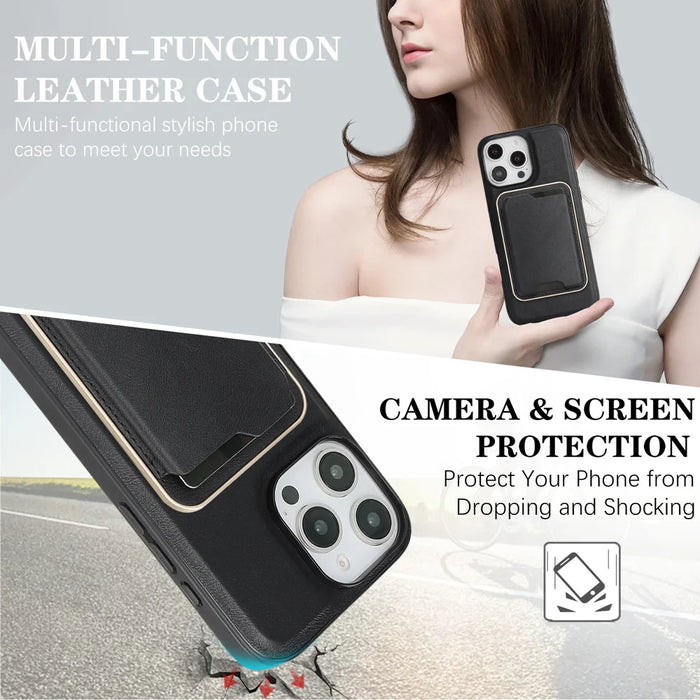 For iPhone 15 Pro Case Compatible with MagSafe Ultra Thin Card Holder PU Leather Coated TPU Cover - Black - 5