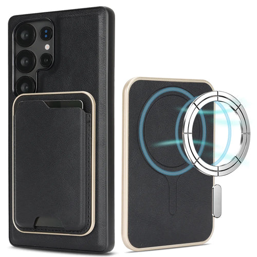 For Samsung Galaxy S22 Ultra 5G Magnetic Case Ultra Thin Card Holder PU Leather Coated TPU Cover - Black - 1