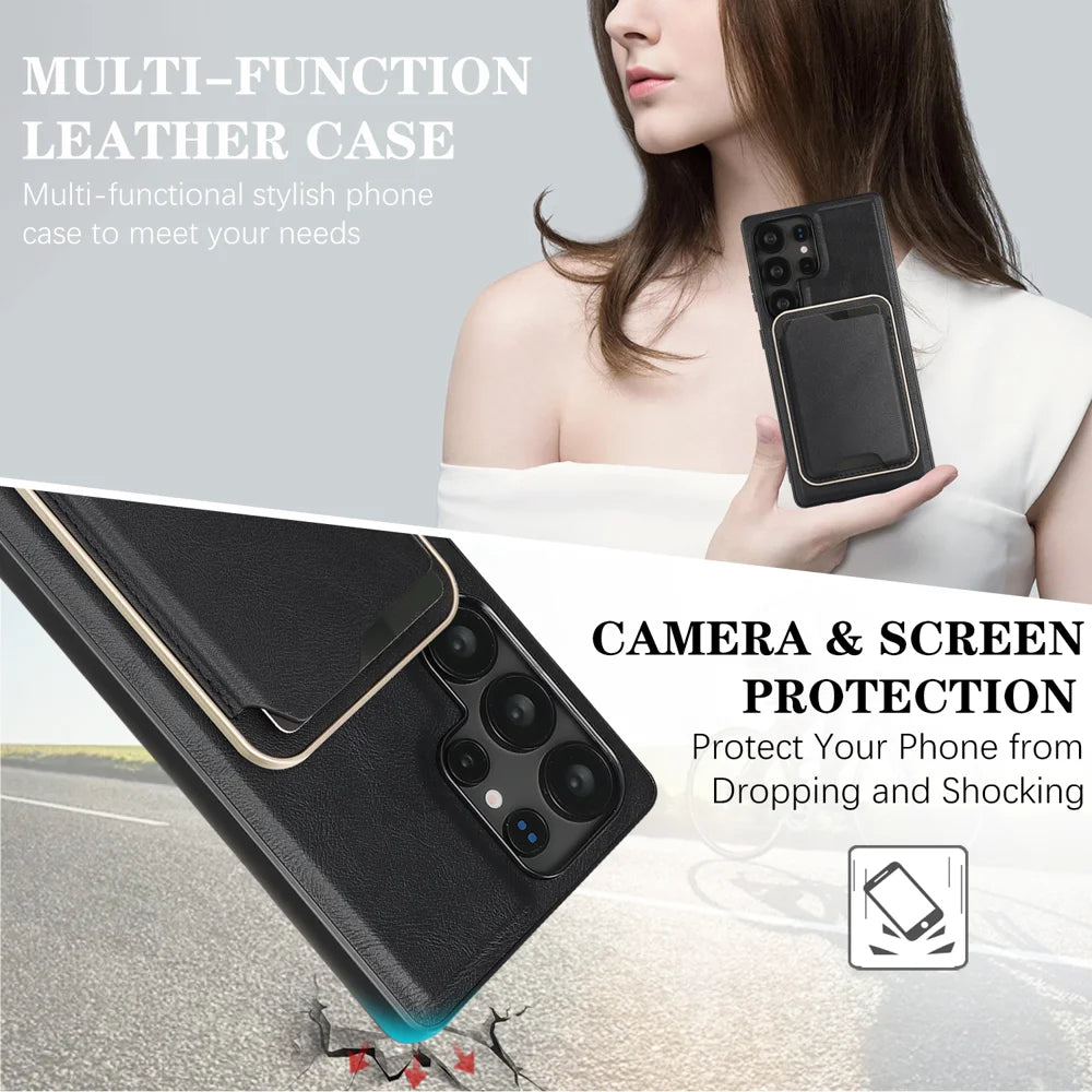 For Samsung Galaxy S22 Ultra 5G Magnetic Case Ultra Thin Card Holder PU Leather Coated TPU Cover - Black - 5