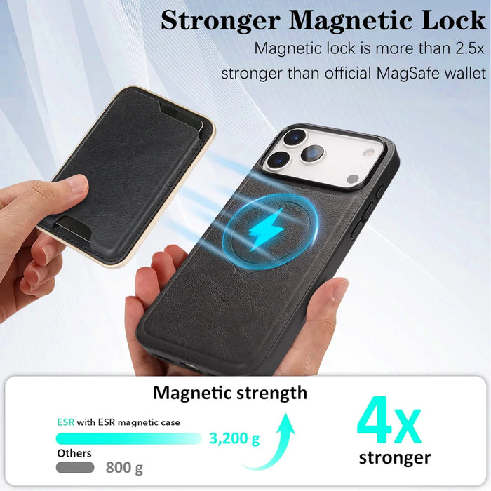 For iPhone 17 Pro Case Compatible with MagSafe Ultra Thin Card Holder PU Leather Coated TPU Cover - Black - 3