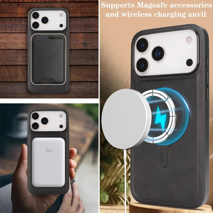 For iPhone 17 Pro Max Case Compatible with MagSafe Ultra Thin Card Holder PU Leather Coated TPU Cover - Black - 7