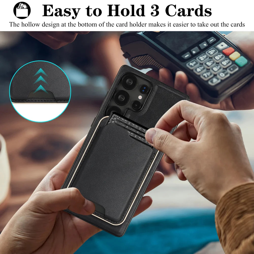 For Samsung Galaxy S25 Ultra Magnetic Case Ultra Thin Card Holder PU Leather Coated TPU Cover - Black - 4