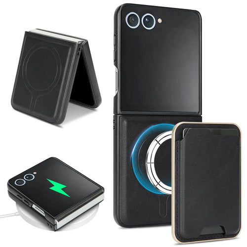For Samsung Galaxy Z Flip7 5G Magnetic Case Ultra Thin Card Holder PU Leather Coated TPU Cover - Black - 1