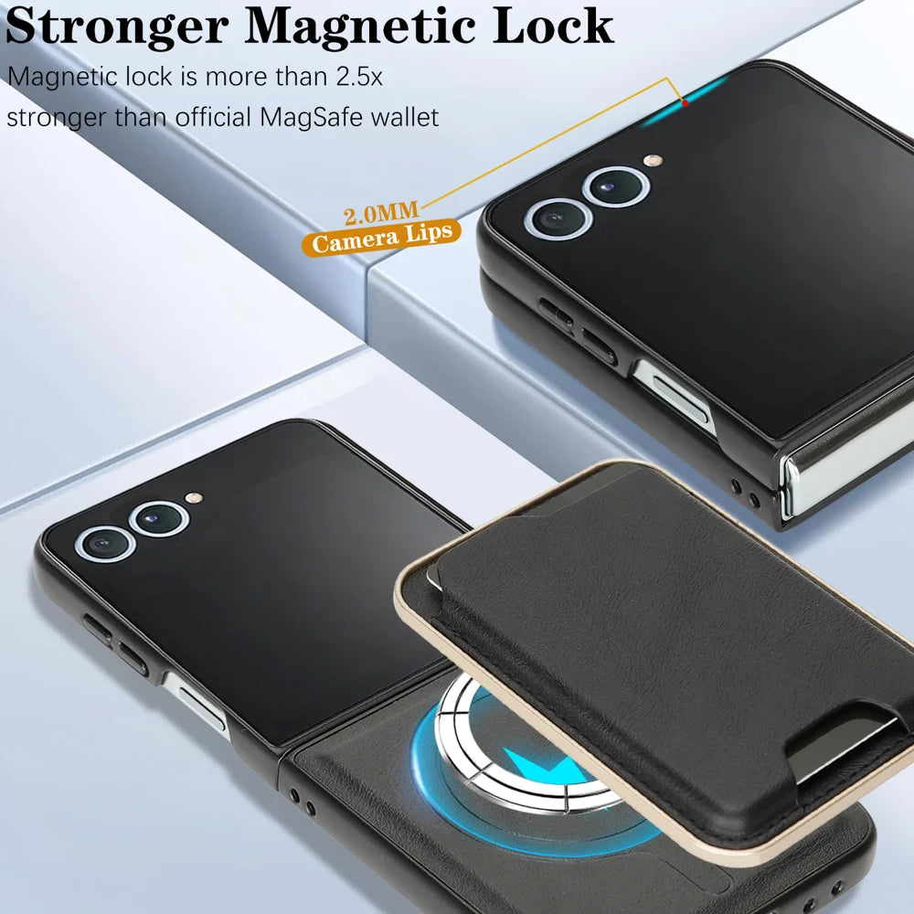 For Samsung Galaxy Z Flip7 5G Magnetic Case Ultra Thin Card Holder PU Leather Coated TPU Cover - Black - 5
