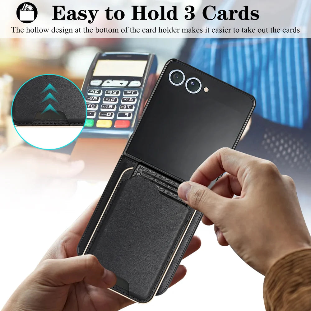 For Samsung Galaxy Z Flip7 5G Magnetic Case Ultra Thin Card Holder PU Leather Coated TPU Cover - Black - 6