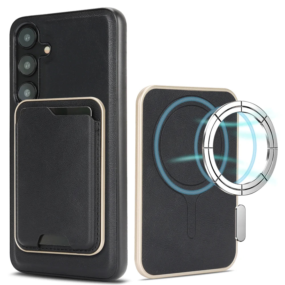 For Samsung Galaxy S25 Magnetic Case Ultra Thin Card Holder PU Leather Coated TPU Cover - Black - 1