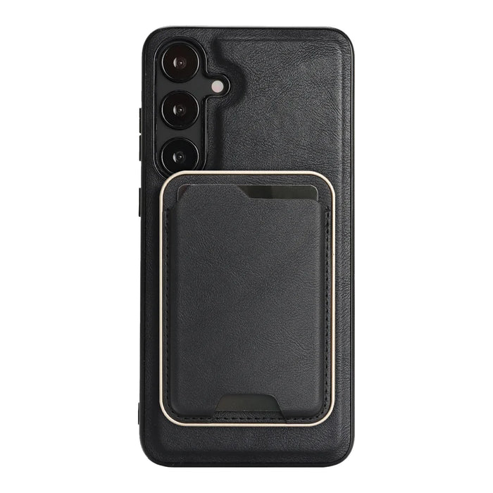 For Samsung Galaxy S25 Magnetic Case Ultra Thin Card Holder PU Leather Coated TPU Cover - Black - 2