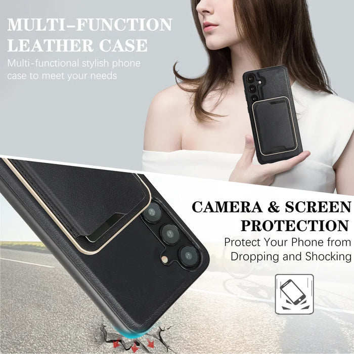 For Samsung Galaxy S25 Magnetic Case Ultra Thin Card Holder PU Leather Coated TPU Cover - Black - 5
