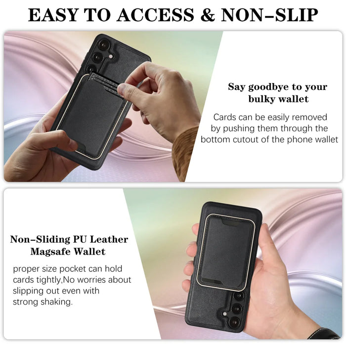 For Samsung Galaxy S25 Magnetic Case Ultra Thin Card Holder PU Leather Coated TPU Cover - Black - 6