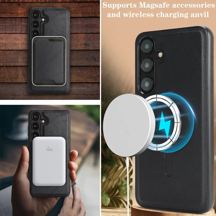 For Samsung Galaxy S25 Magnetic Case Ultra Thin Card Holder PU Leather Coated TPU Cover - Black - 7