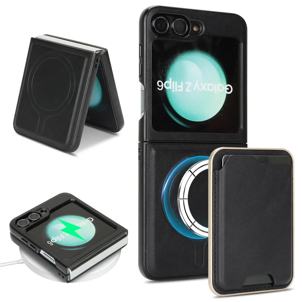 For Samsung Galaxy Z Flip6 5G Magnetic Case Ultra Thin Card Holder PU Leather Coated TPU Cover - Black - 1