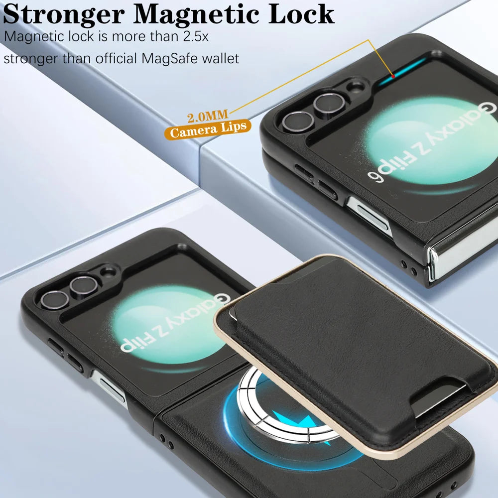 For Samsung Galaxy Z Flip6 5G Magnetic Case Ultra Thin Card Holder PU Leather Coated TPU Cover - Black - 5