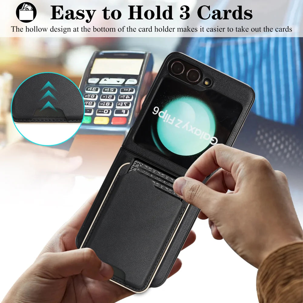 For Samsung Galaxy Z Flip6 5G Magnetic Case Ultra Thin Card Holder PU Leather Coated TPU Cover - Black - 6