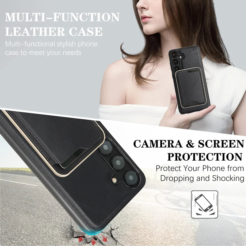 For Samsung Galaxy S25+ Magnetic Case Ultra Thin Card Holder PU Leather Coated TPU Cover - Black - 5