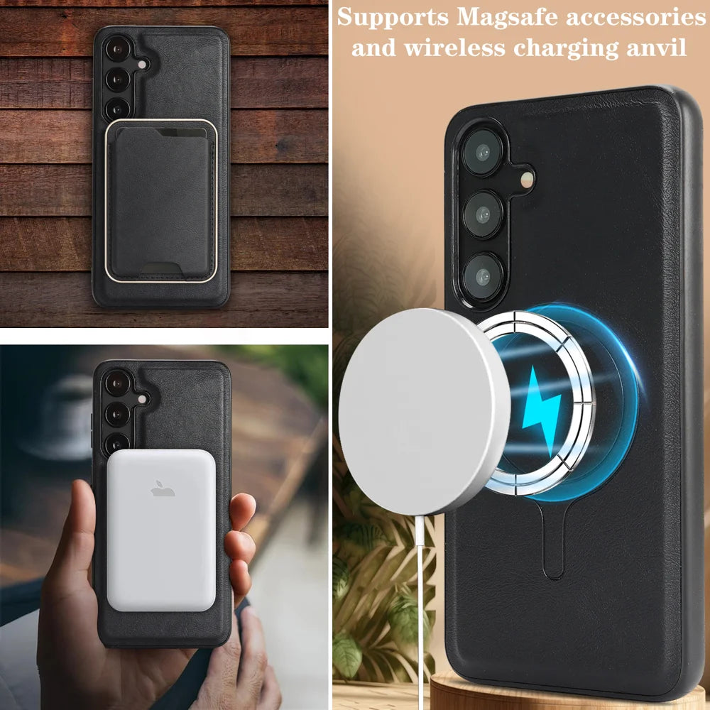 For Samsung Galaxy S25+ Magnetic Case Ultra Thin Card Holder PU Leather Coated TPU Cover - Black - 7