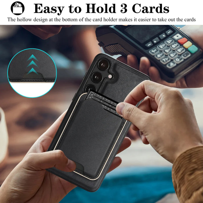 For Samsung Galaxy S24+ Magnetic Case Ultra Thin Card Holder PU Leather Coated TPU Cover - Black - 4