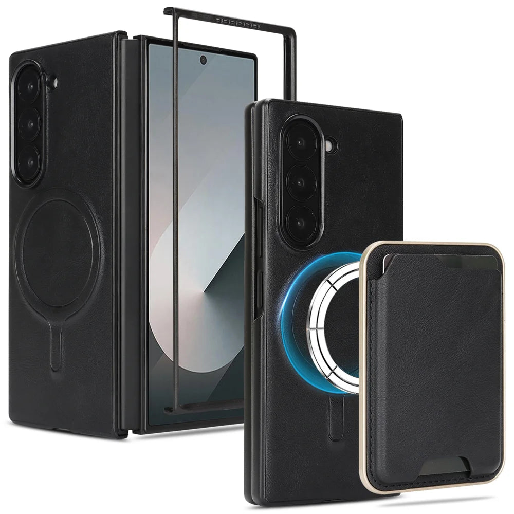 For Samsung Galaxy Z Fold7 5G Magnetic Case Ultra Thin Card Holder PU Leather Coated TPU Cover - Black - 1
