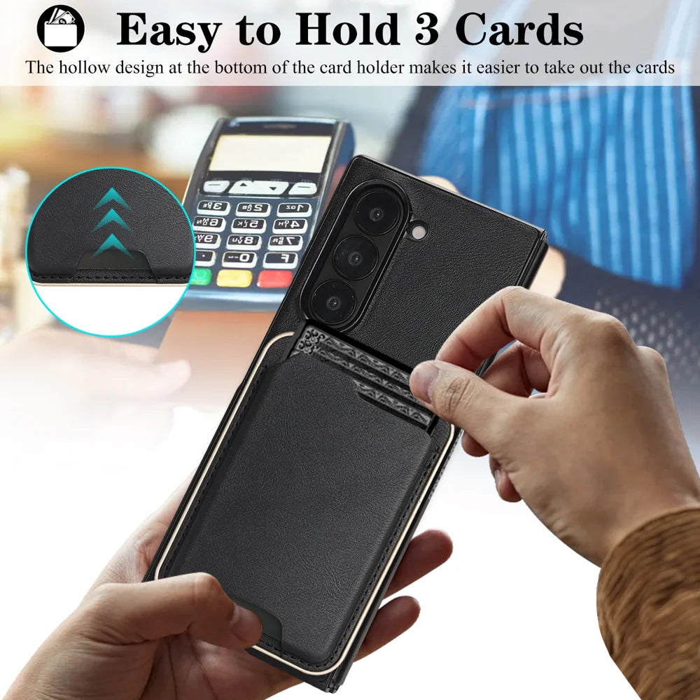 For Samsung Galaxy Z Fold7 5G Magnetic Case Ultra Thin Card Holder PU Leather Coated TPU Cover - Black - 6