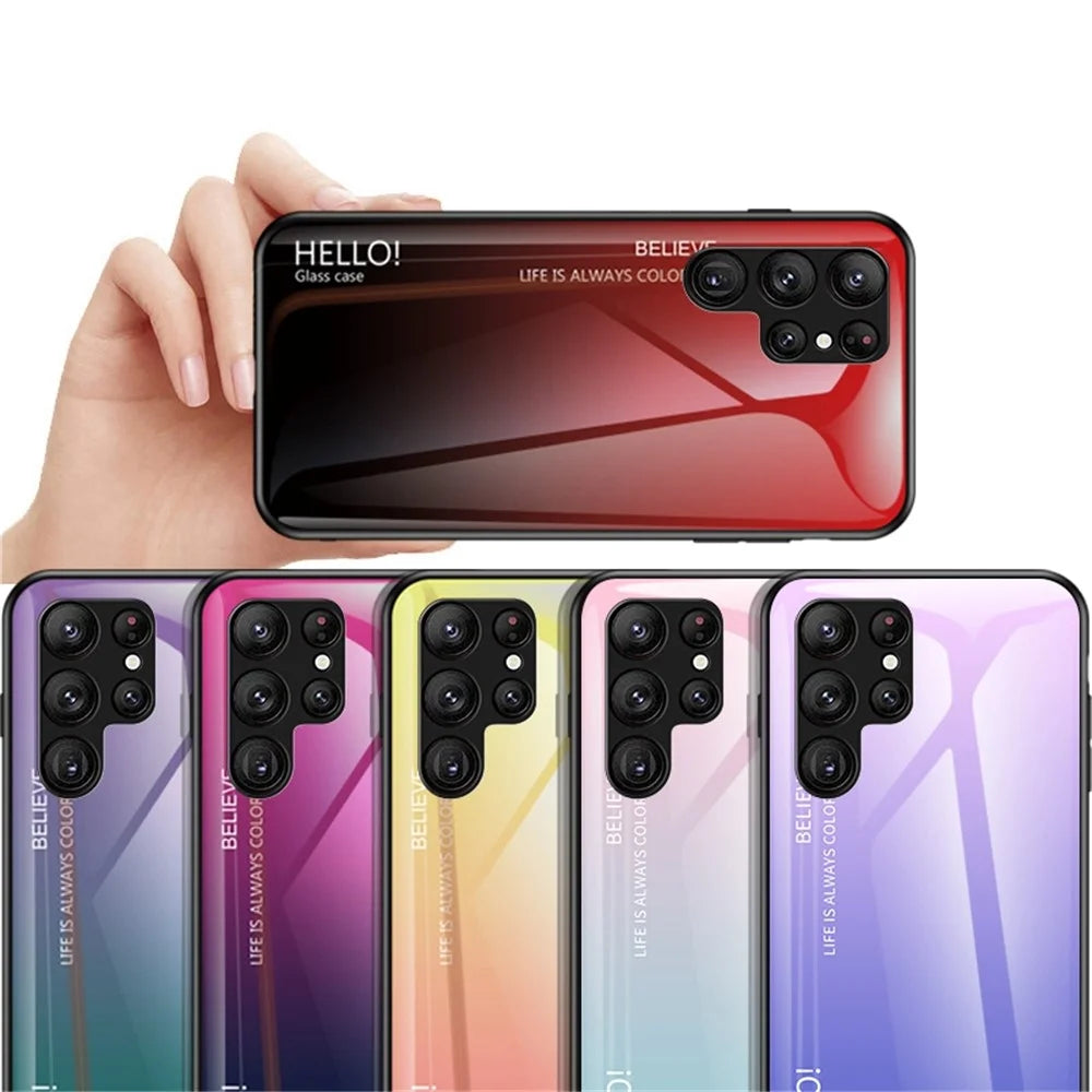 For Samsung Galaxy S23 Ultra Shockproof Case Gradient Color Tempered Glass Phone Case Hard PC Soft TPU Back Cover - Gradient Red Black - 4