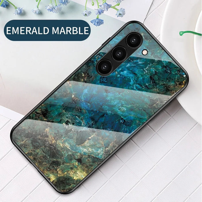 For Samsung Galaxy S23 Marble Pattern Printing Tempered Glass Phone Case Hard PC +TPU Anti-Scratch Shockproof Cover - Emerald Marble - 2