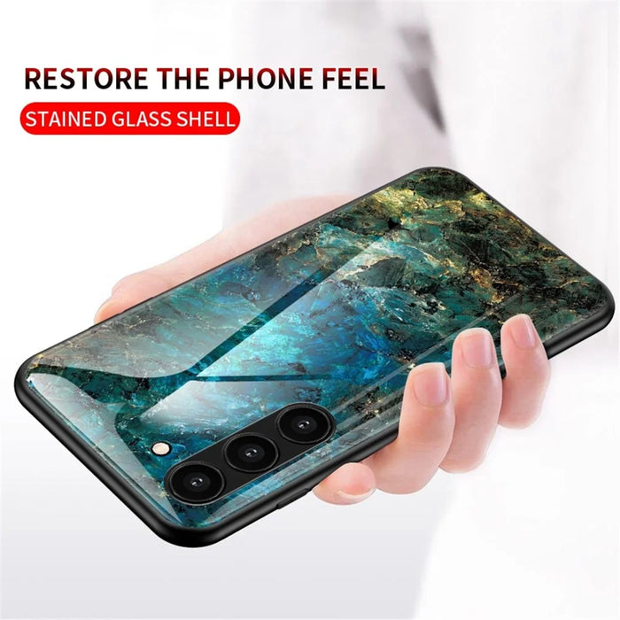 For Samsung Galaxy S23 Marble Pattern Printing Tempered Glass Phone Case Hard PC +TPU Anti-Scratch Shockproof Cover - Emerald Marble - 3