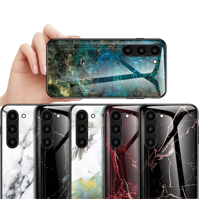 For Samsung Galaxy S23 Marble Pattern Printing Tempered Glass Phone Case Hard PC +TPU Anti-Scratch Shockproof Cover - Emerald Marble - 4
