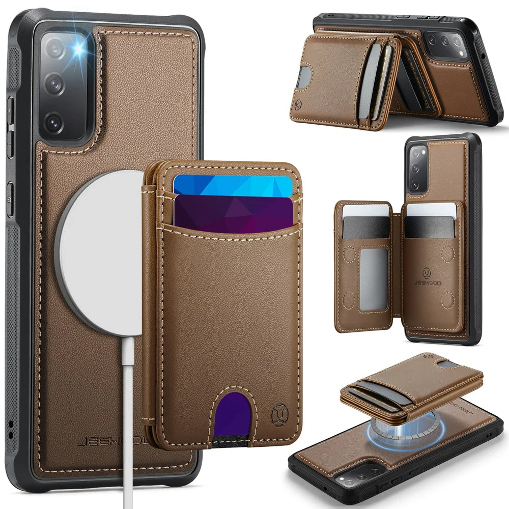JEEHOOD For Samsung Galaxy S20 FE Case  J10 Magnetic Case Leather Back Phone Cover with Detachable Card Holder Kickstand - Brown - 1